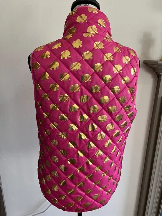 Simply Southern Puffer Vest Quilted Pink Gold Metallic Elephant Full Zip Medium - Picture 5 of 9